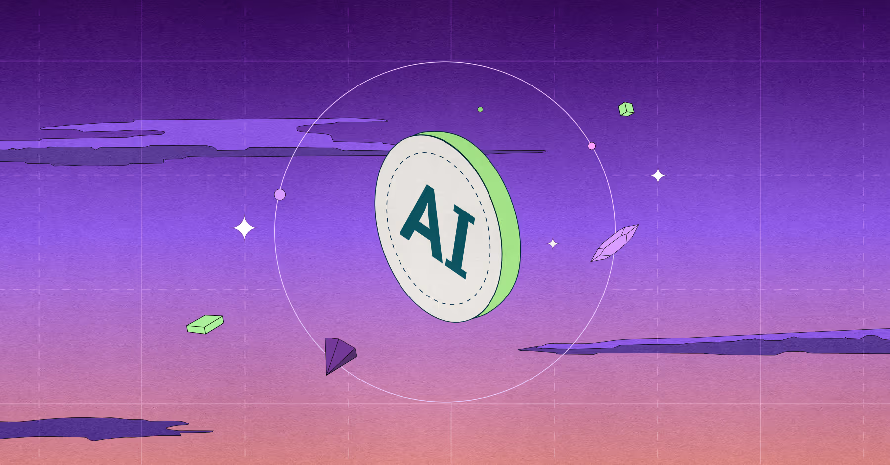 Illustration of a round coin with AI text floating in a purple and orange gradient sky surrounded by geometric shapes and stars.