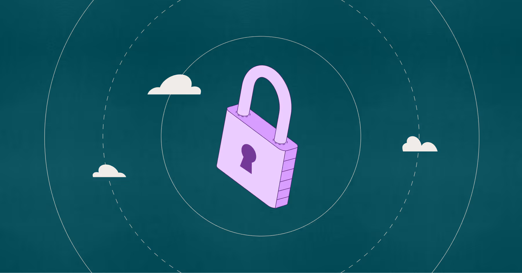 Purple padlock with a keyhole icon in the center surrounded by concentric circles and small clouds on a dark teal background.