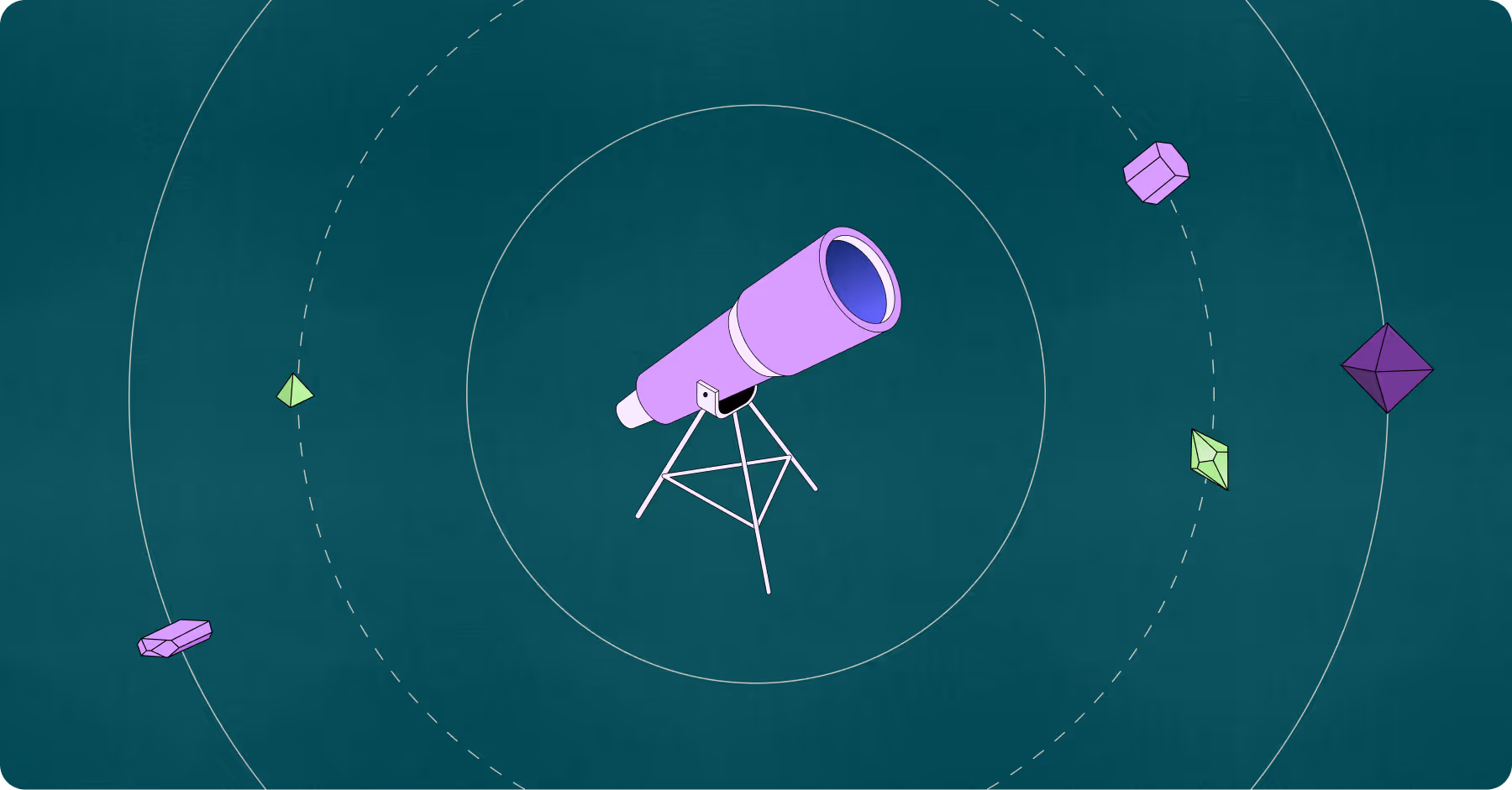 Illustration of a purple telescope on a tripod surrounded by orbiting geometric shapes on a dark teal background.