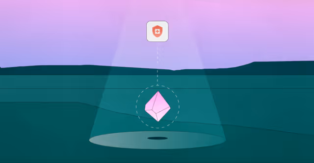 Illustration of a pink Ethereum crystal under a spotlight connected by a dashed line to a small white square with an orange shield icon above it, set against a gradient purple-pink sky and green hills background.