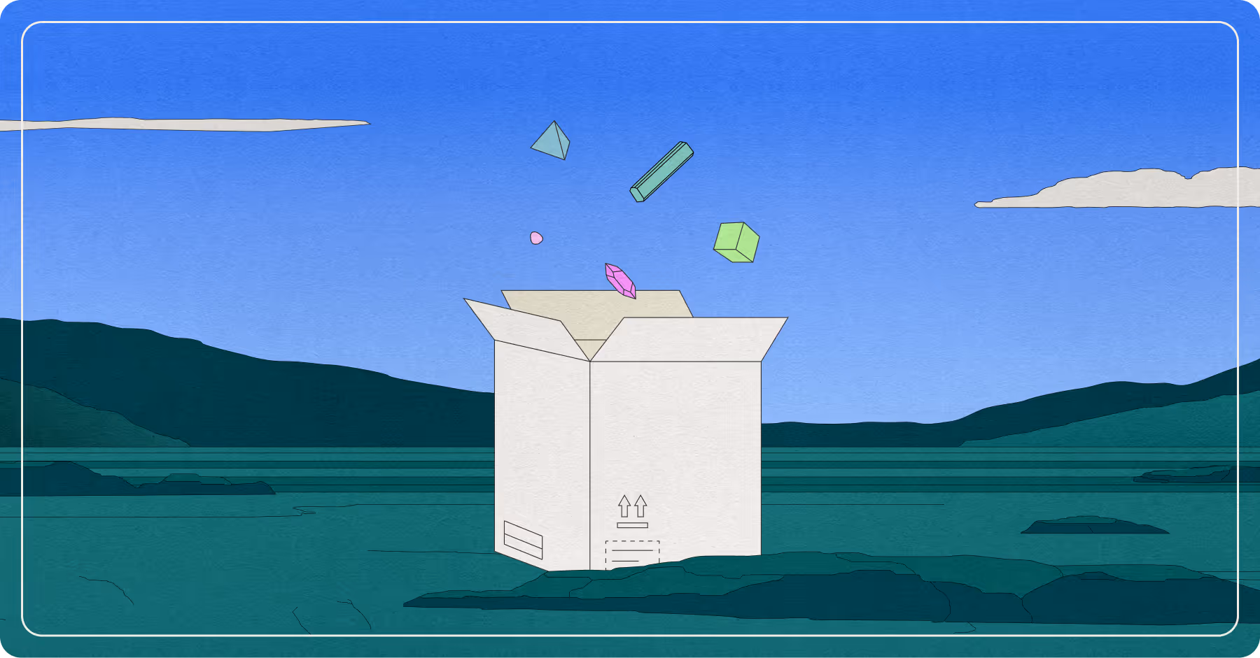 Illustration of an open white box in a green landscape with geometric shapes floating above it under a blue sky.