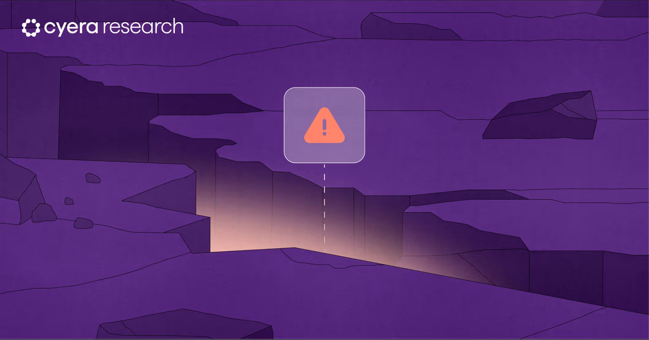 Illustrated deep purple canyon with a glowing danger warning symbol above a crevice.