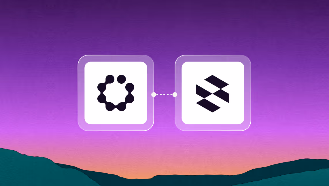 Two black abstract logos in white rounded squares connected by dotted line on a purple to orange gradient background with dark green hills silhouette.