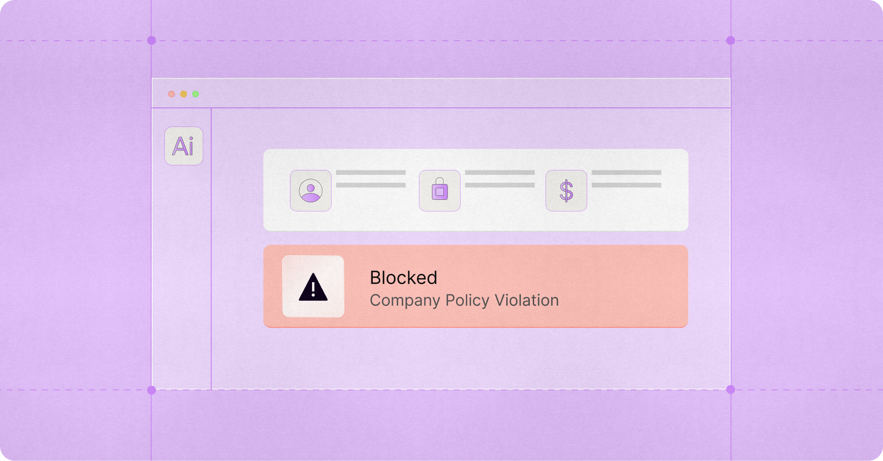 A conceptual UI illustration of the Cyera Browser Shield interface. The graphic shows a browser window labeled 'Ai' where a red alert box has popped up stating 'Blocked: Company Policy Violation.' This demonstrates Cyera's ability to detect and stop sensitive data—represented by person, lock, and dollar sign icons—from being submitted into a public AI tool.