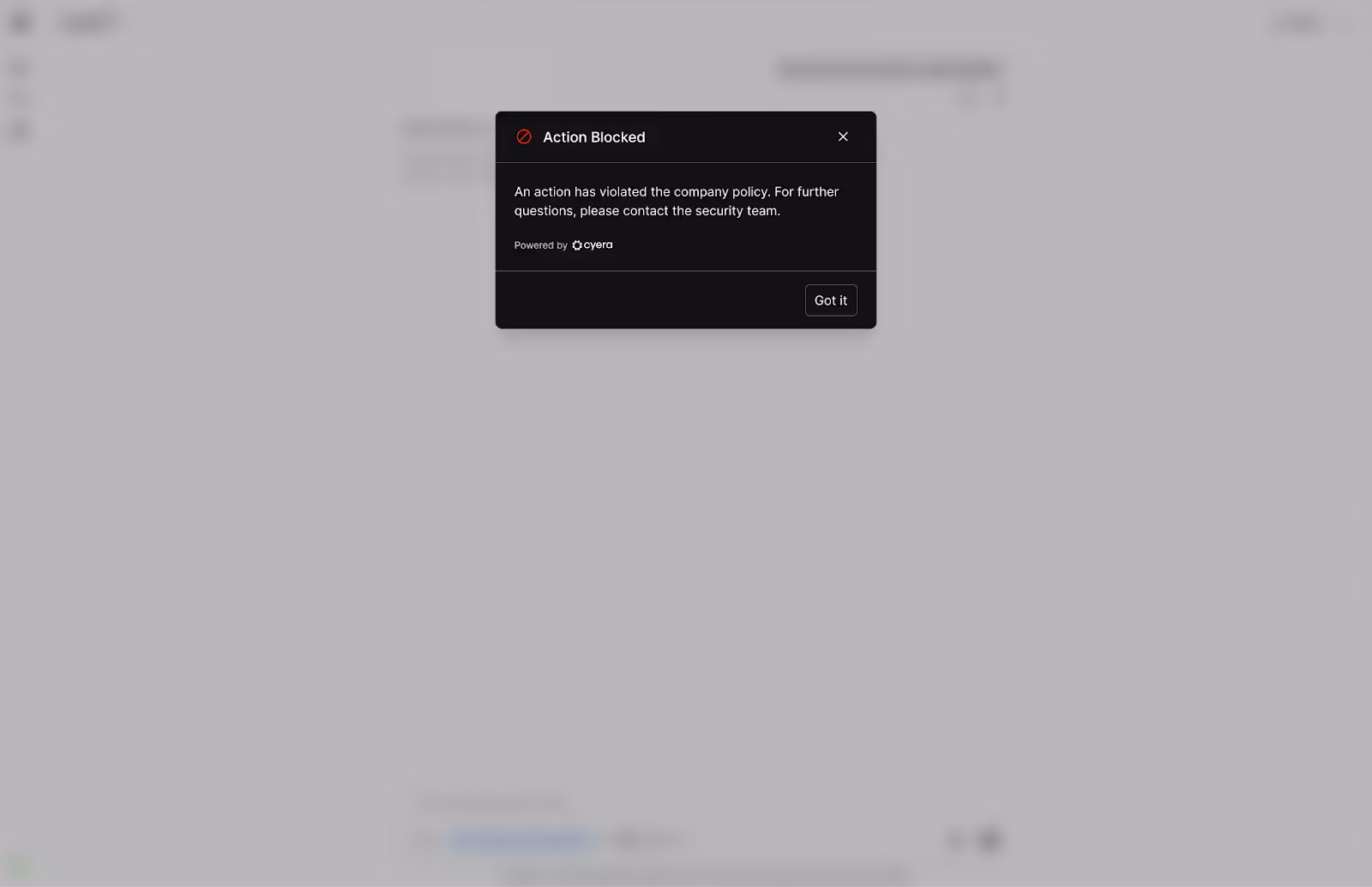 Public AI chat window with sensitive financial content pasted and inline block message displayed. Viewer focus: block occurs before submission.