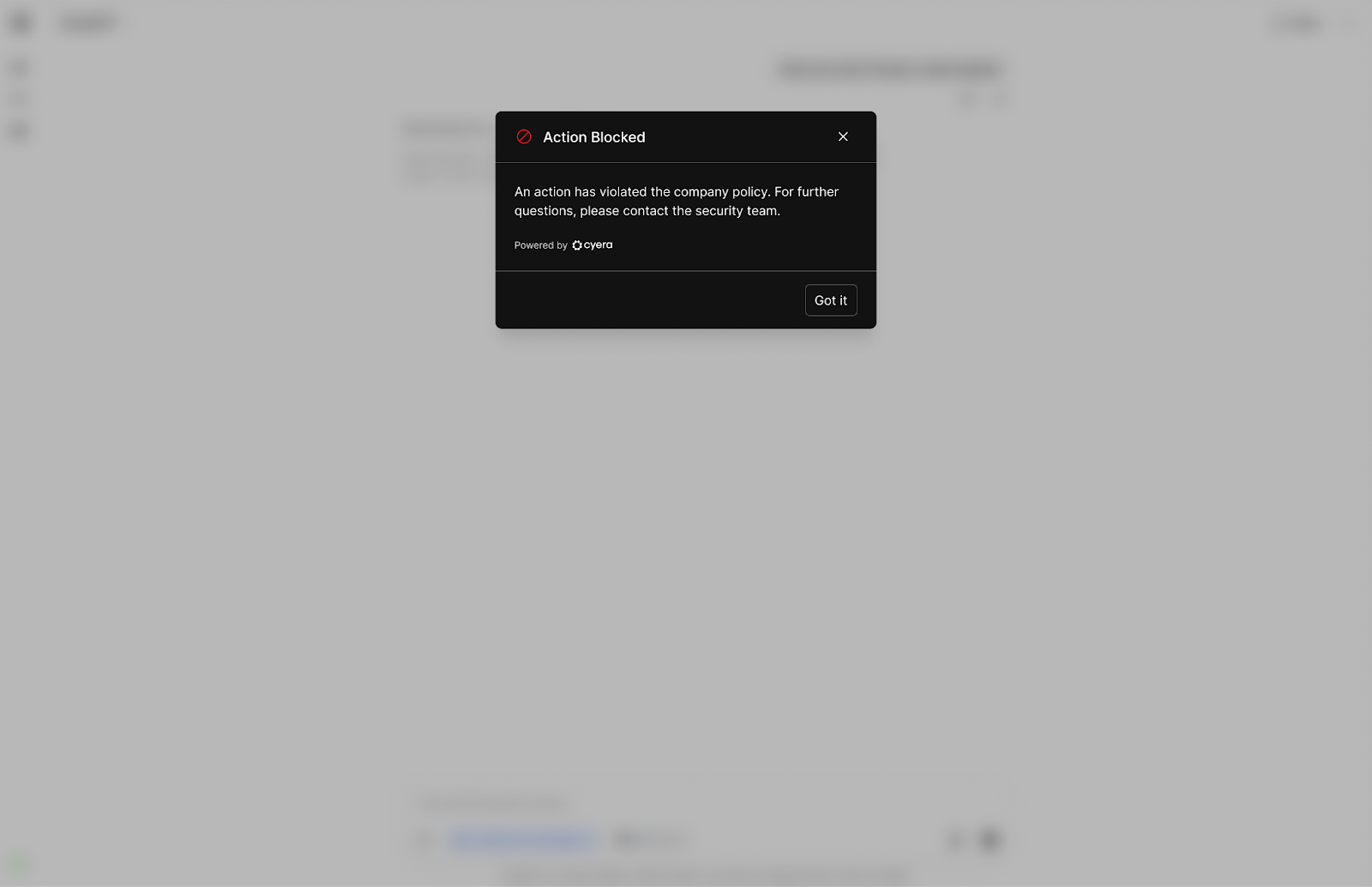 Public AI chat window with sensitive financial content pasted and inline block message displayed. Viewer focus: block occurs before submission.