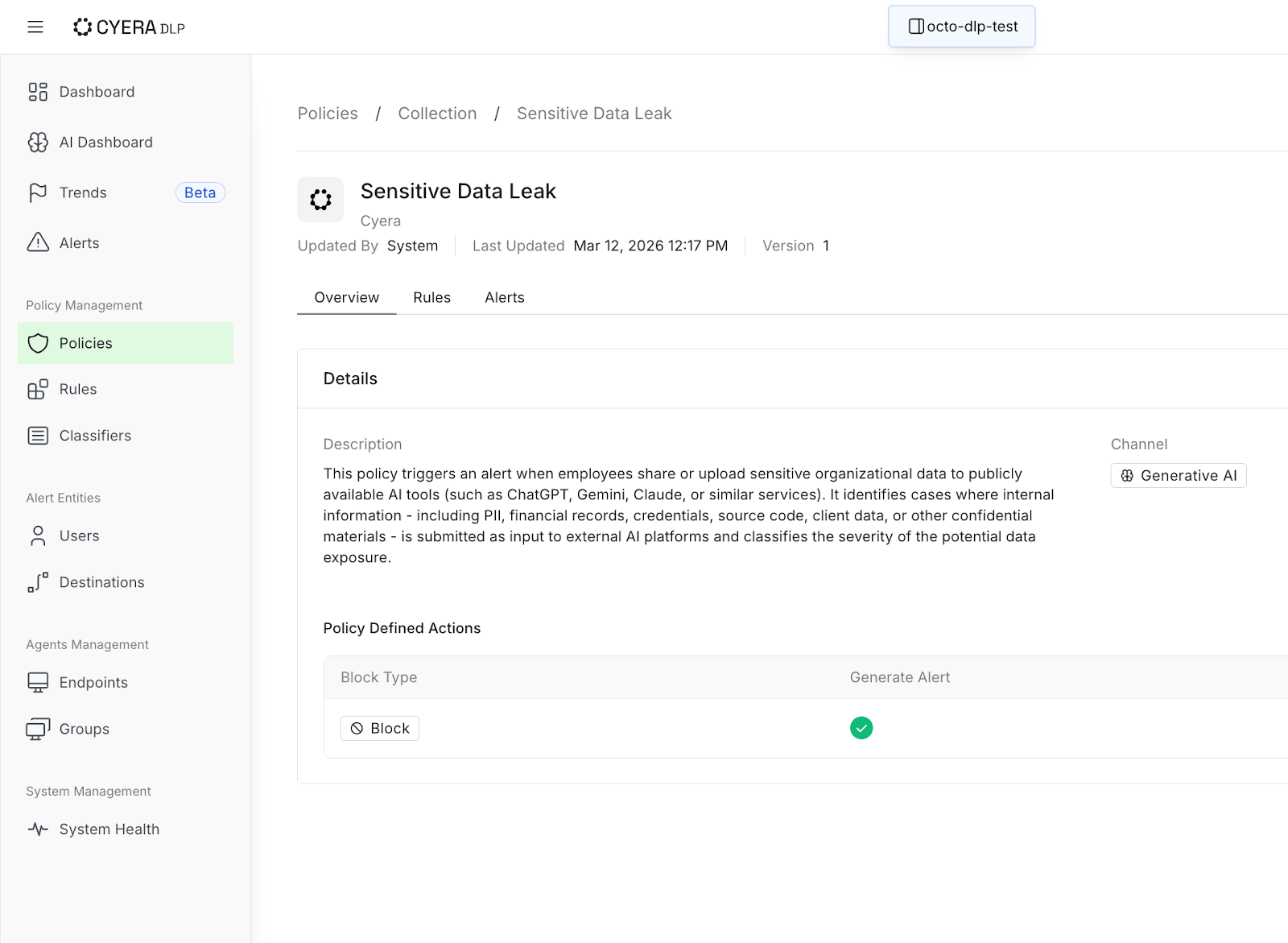Cyera dashboard showing data security policy settings for Generative AI. The image details how Cyera identifies and blocks the submission of confidential materials to public AI platforms to prevent data exposure.