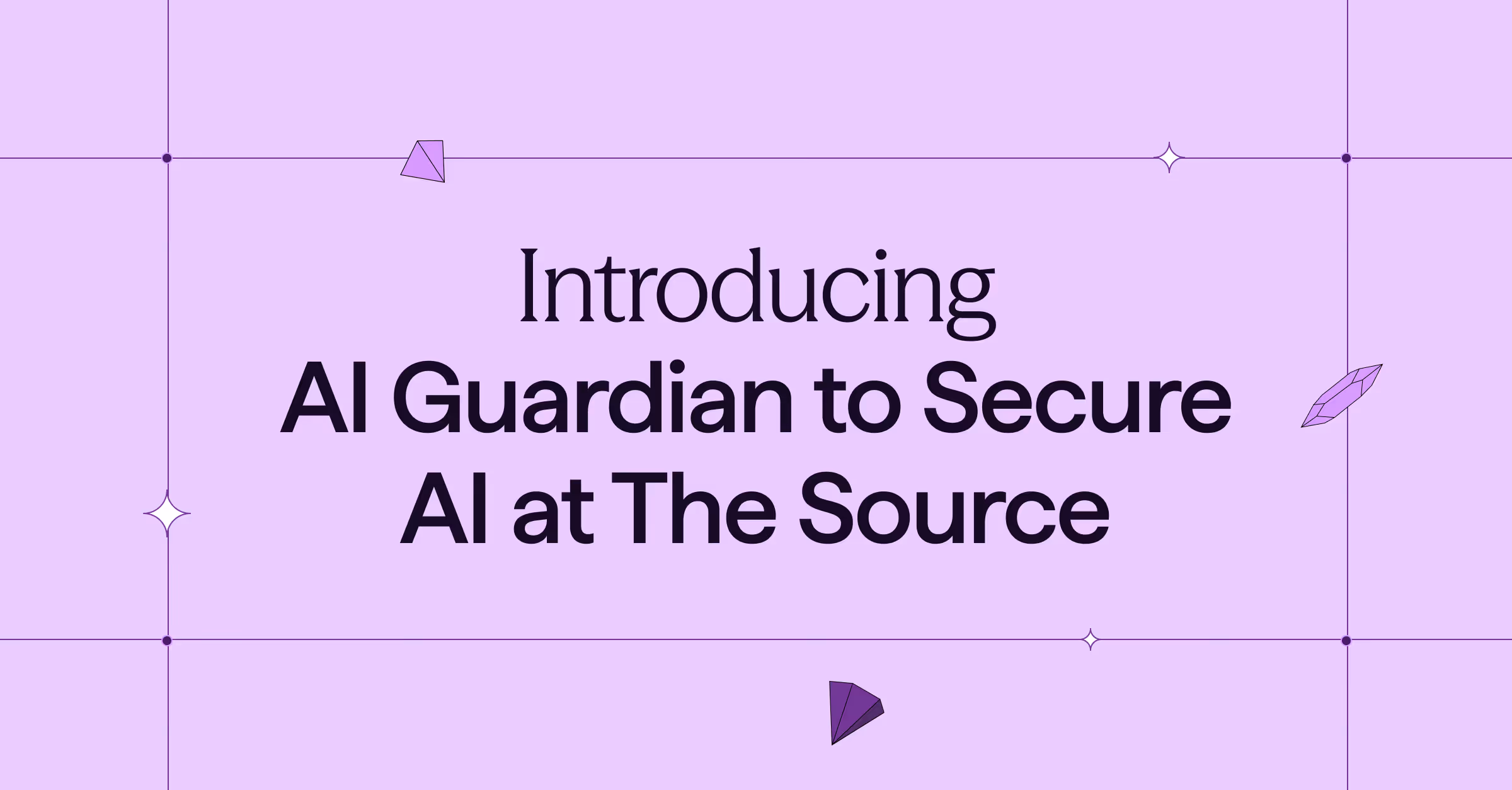 Text on a purple background reading 'Introducing AI Guardian to Secure AI at The Source' with small purple geometric shapes around.