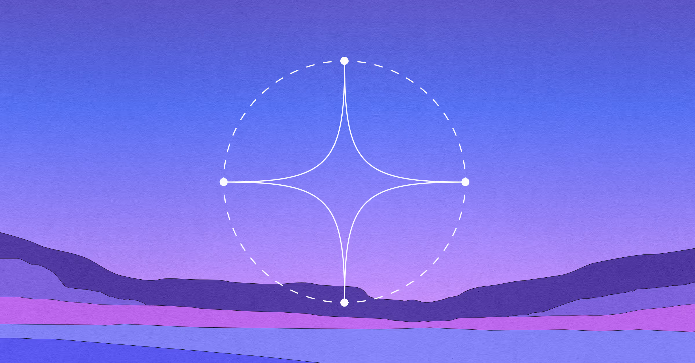 Abstract landscape with purple and blue hills and a white geometric star shape outlined by a dashed circle at the center.