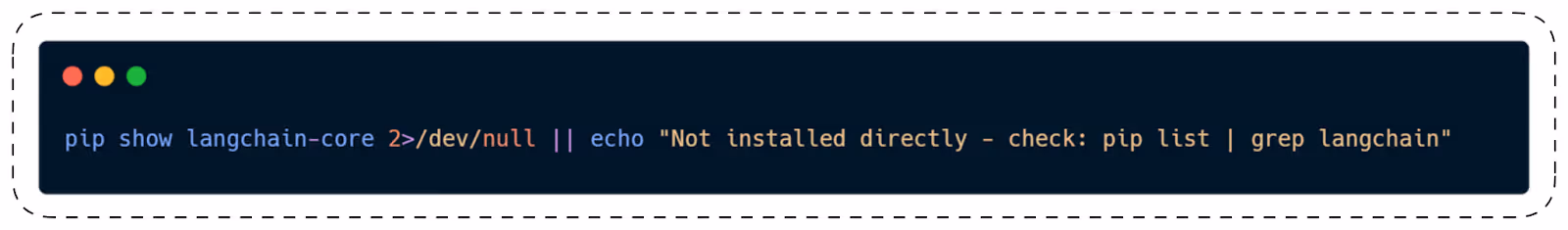 Terminal command checking langchain-core installation: pip show langchain-core with error redirected to null, fallback echo message to check pip list with grep langchain.