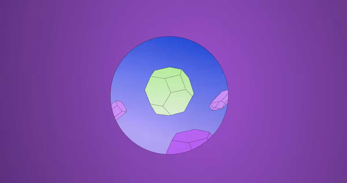 Abstract geometric shapes including a green dodecahedron and purple polyhedrons inside a circular frame on a purple background.