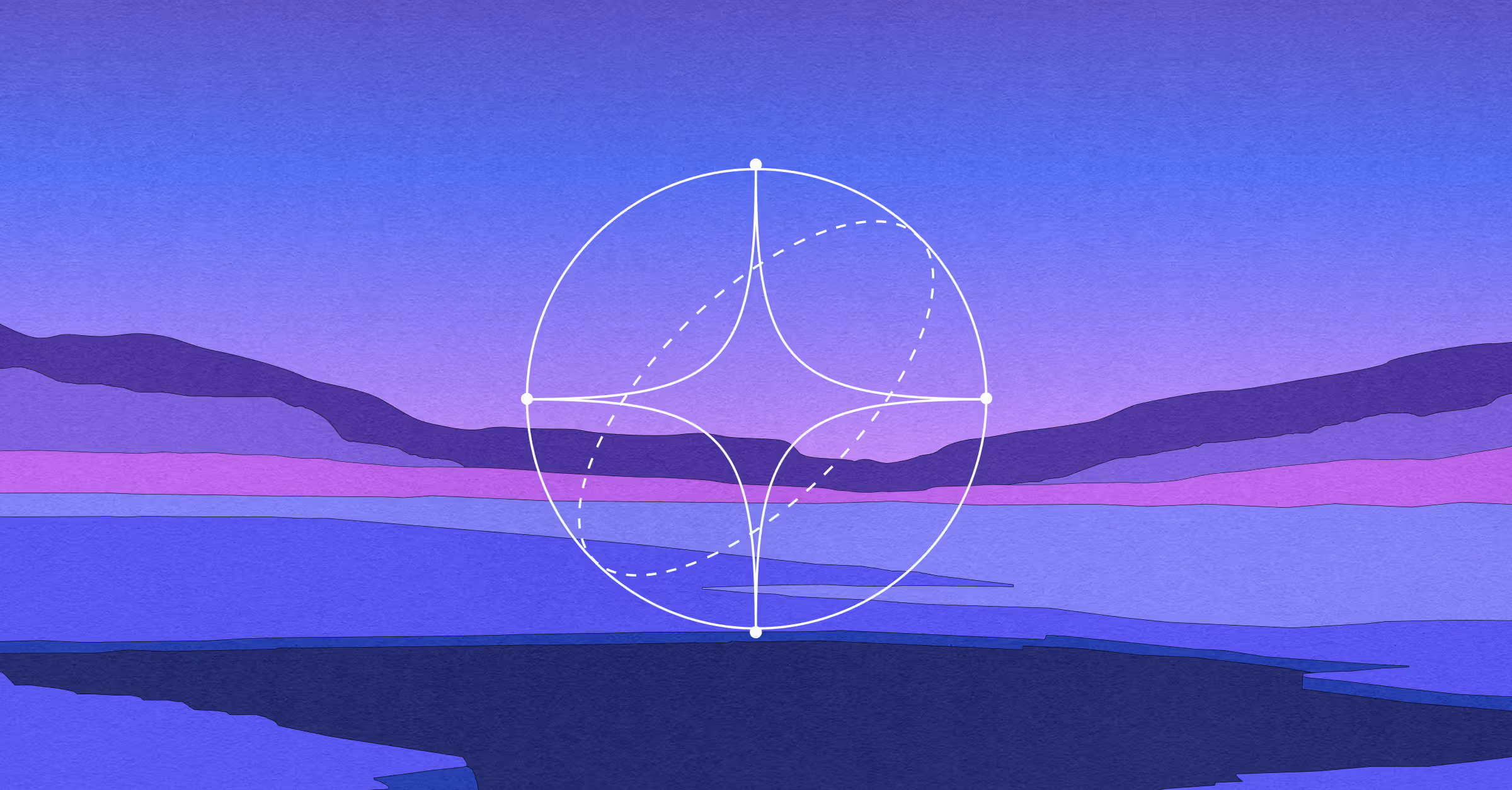 Abstract digital landscape with purple and blue layered hills under a dusk sky, overlaid with a white circular geometric design with curved and dashed lines.