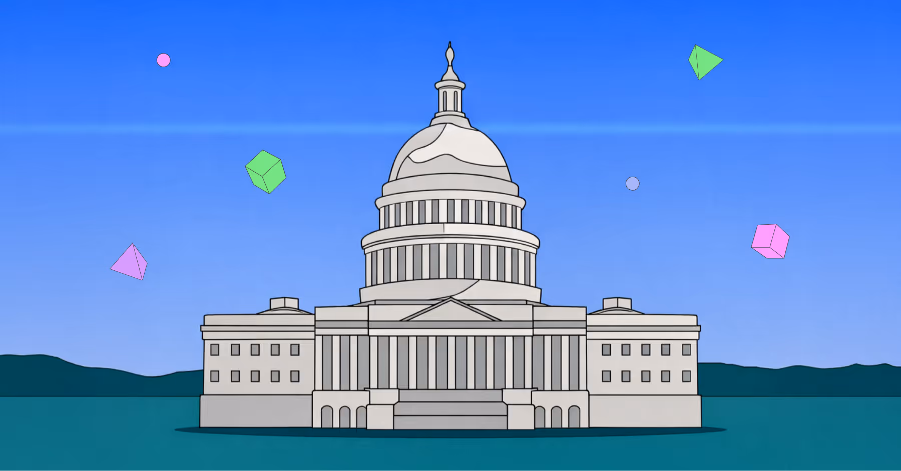 Illustration of a classical domed government building with colorful floating geometric shapes in the blue sky above it.