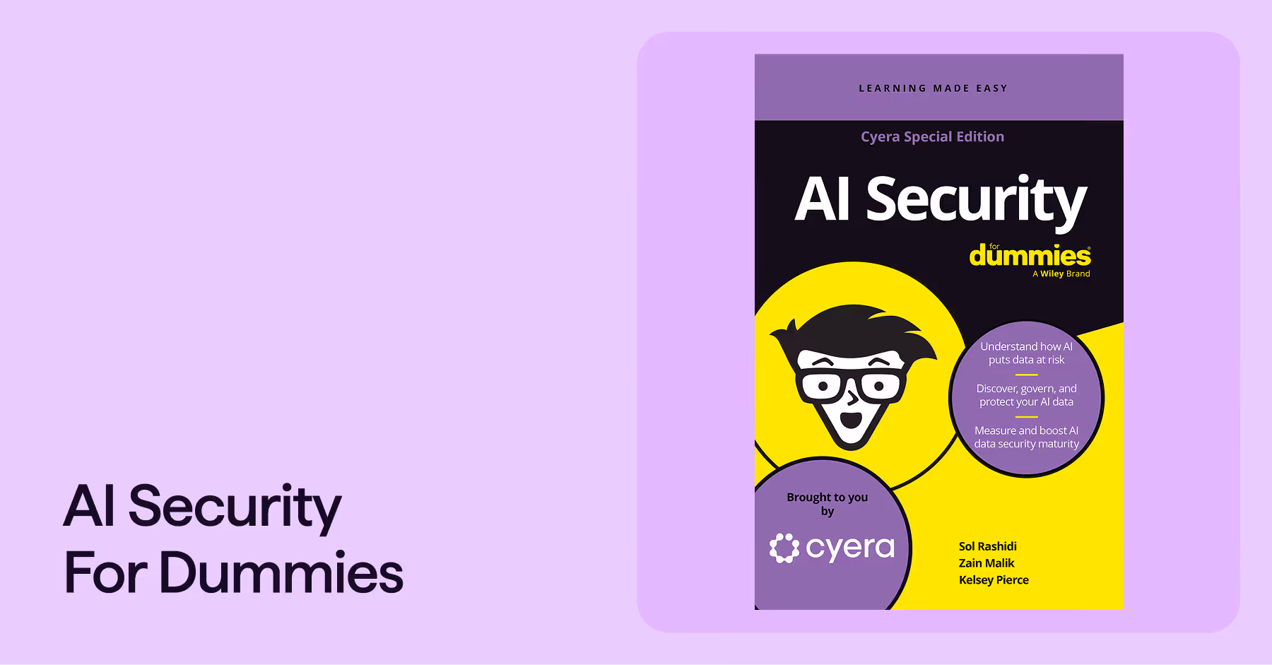 Cover of AI Security for Dummies book featuring cartoon face with glasses on yellow background and text about AI data risk, governance, and security maturity.