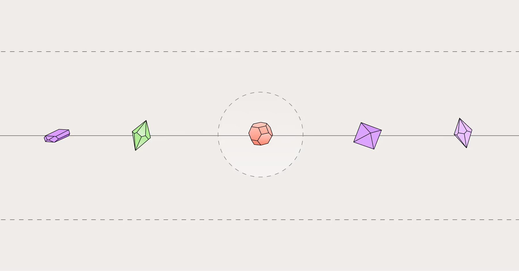 Five colorful geometric crystals aligned horizontally on a thin black line, with a red crystal highlighted by a dotted circle in the center.