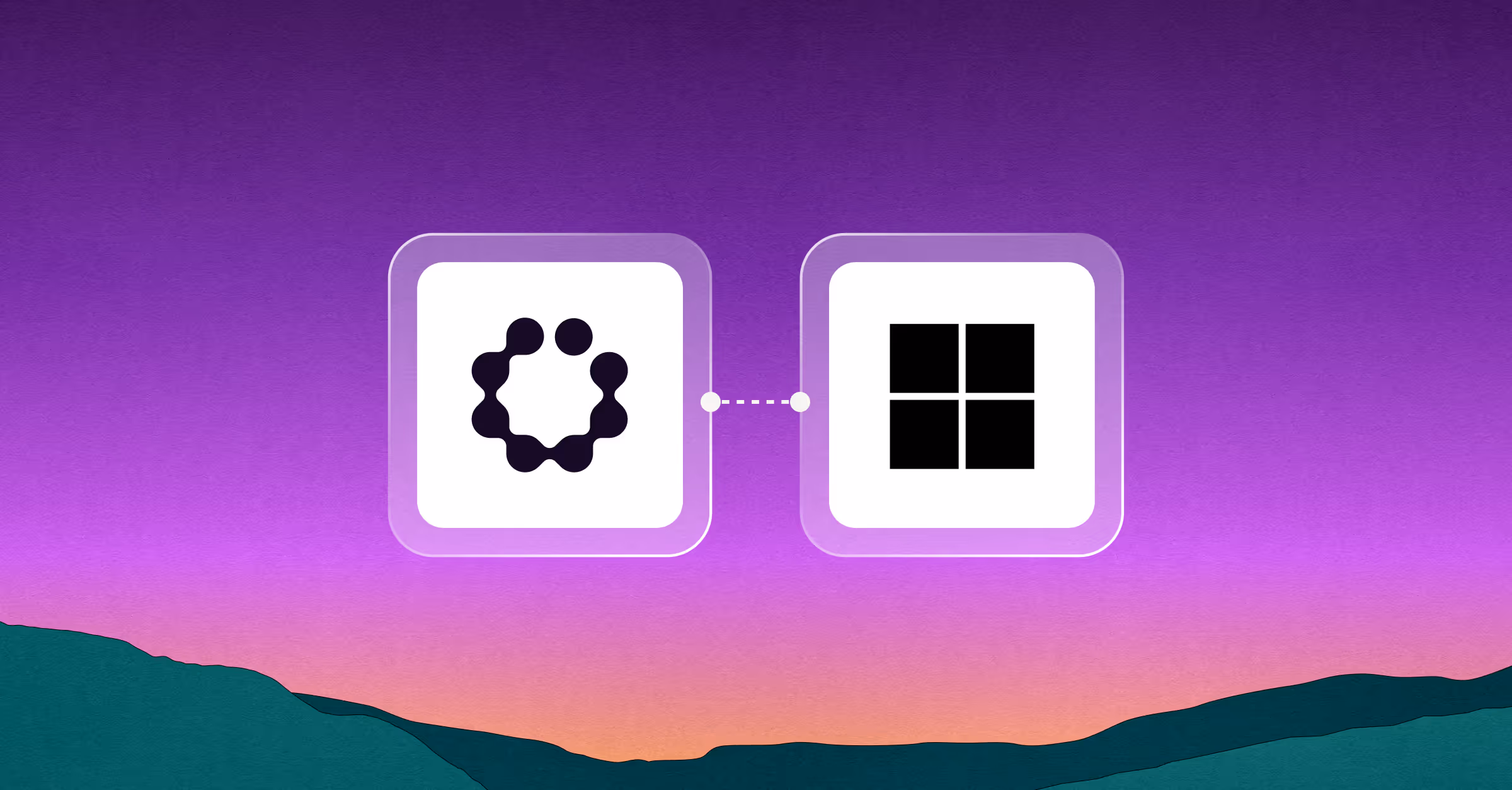 Two connected icons on a purple gradient background above a stylized landscape, one with a circular pattern of dots and the other with four black squares arranged in a grid.