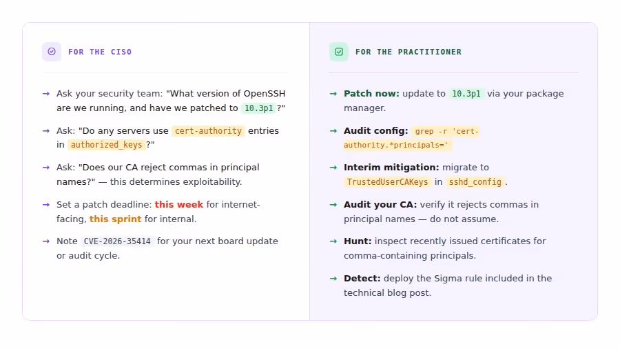 Side-by-side checklist for CISO and Practitioner with security instructions on OpenSSH patching, auditing, and mitigation.