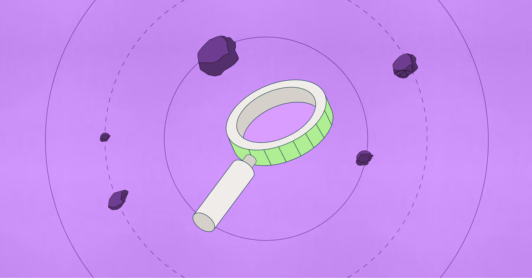 Illustration of a magnifying glass in the center with concentric circles and five scattered small dark rocks on a purple background.
