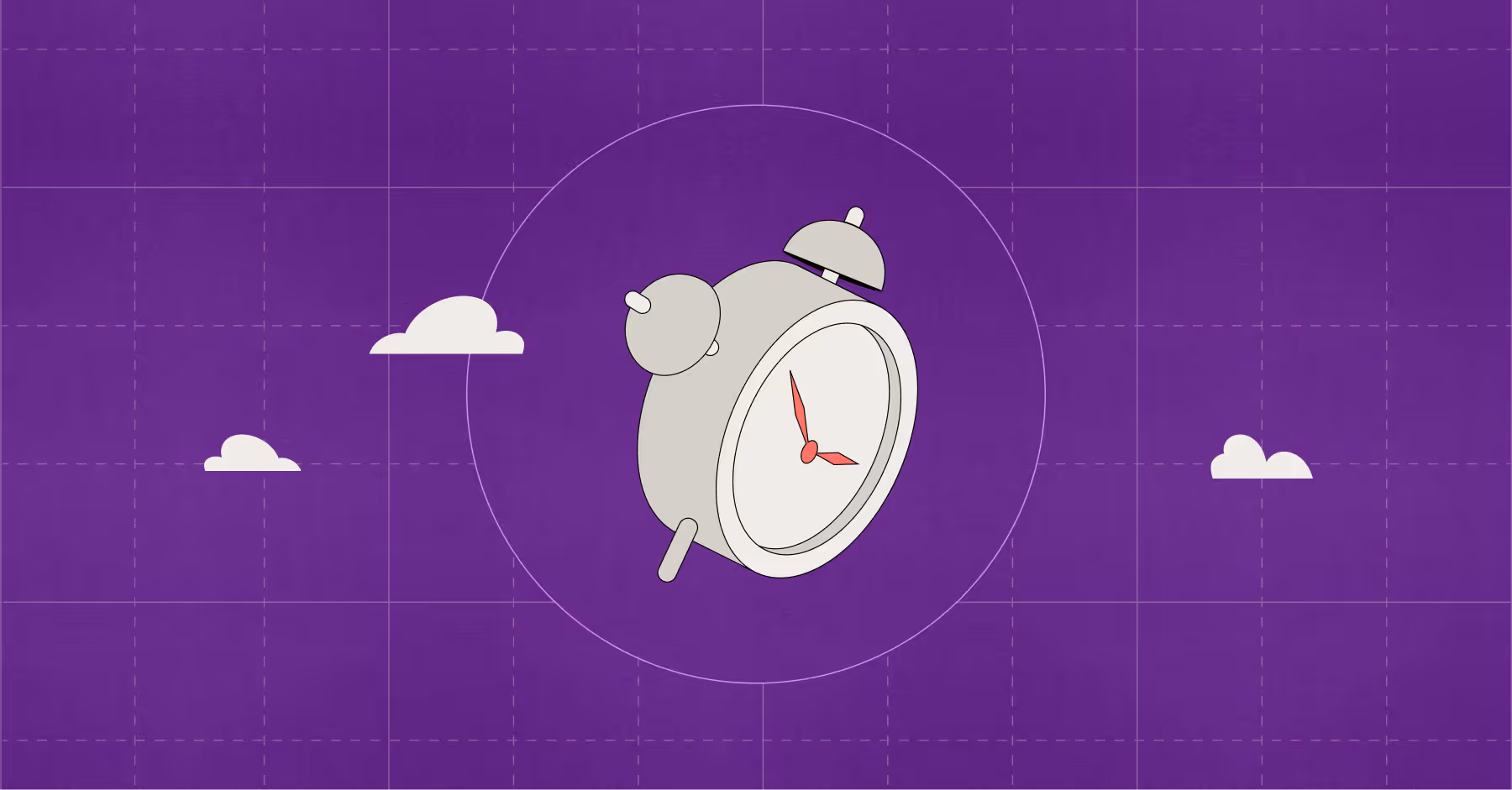Illustration of a grey alarm clock with red hands centered on a purple background with grid lines and three white clouds.