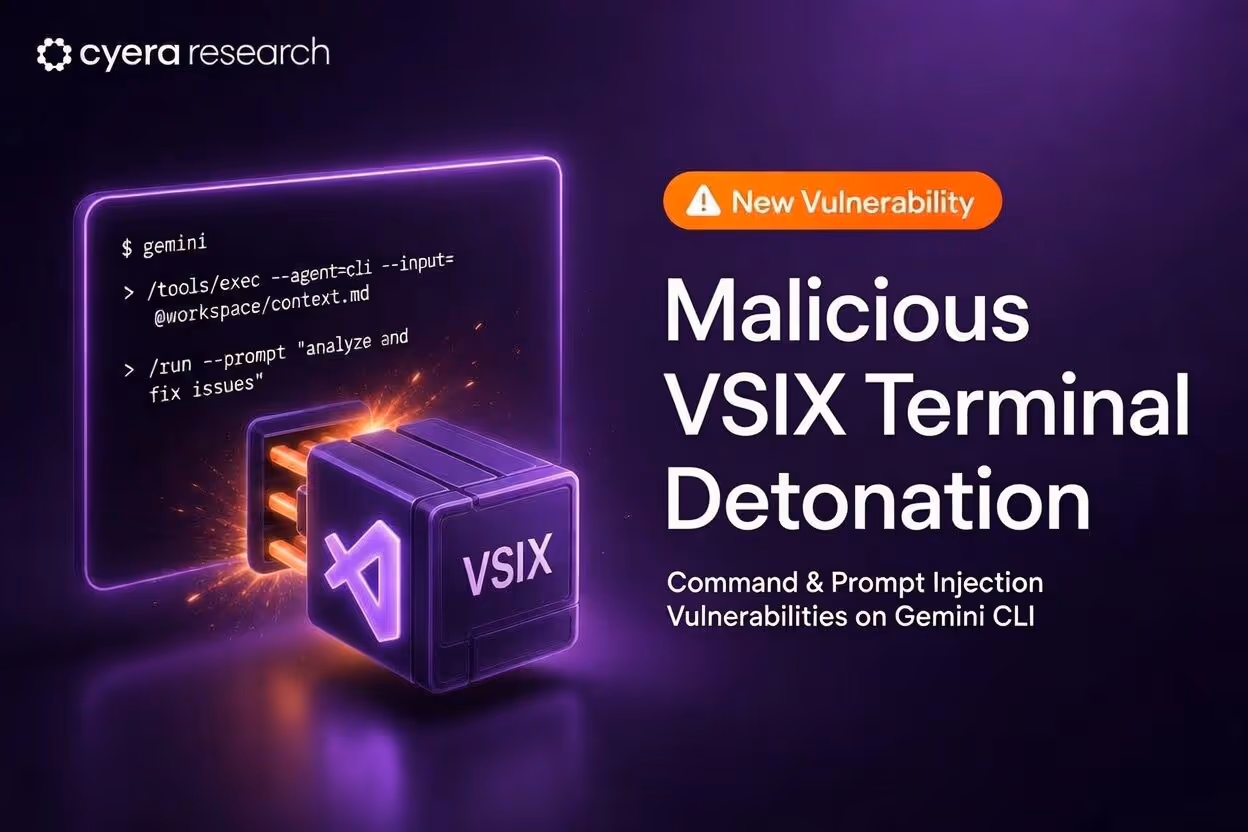 Digital graphic warning of new vulnerability: Malicious VSIX Terminal Detonation with Gemini CLI commands in a purple theme.
