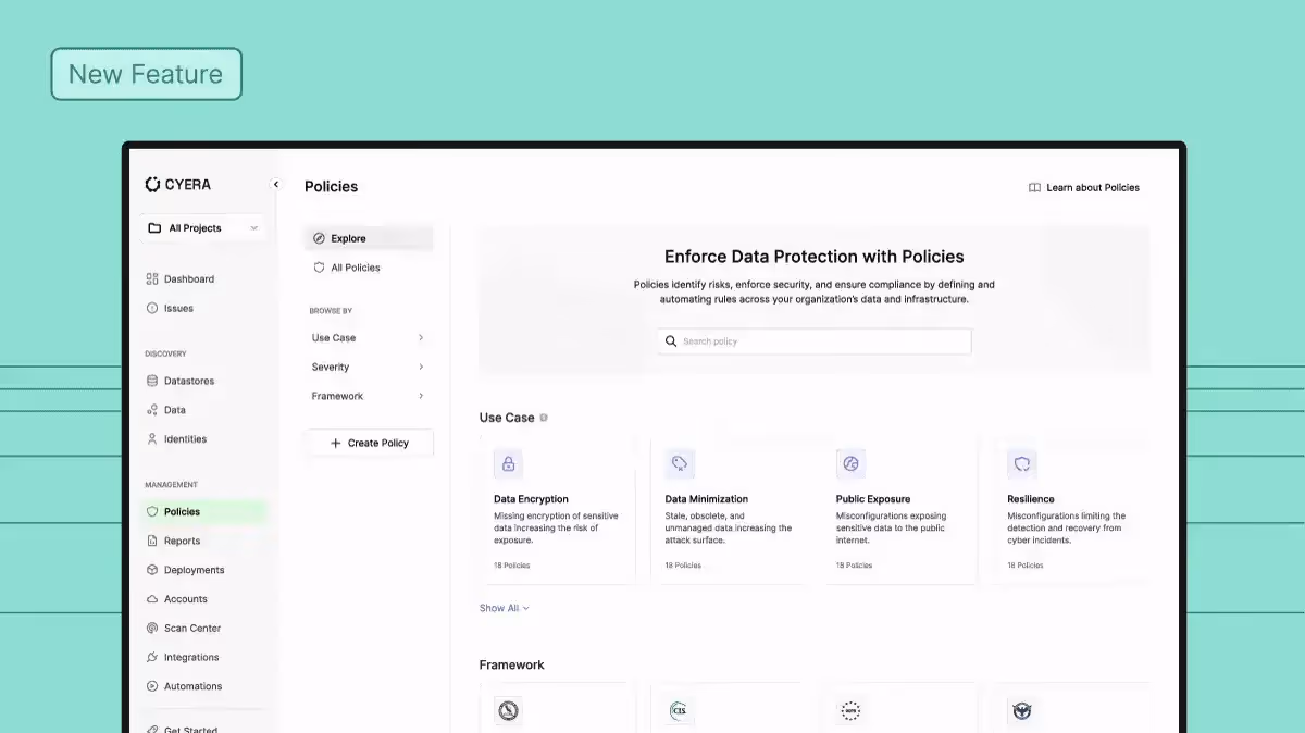 Animated demonstration of Cyera’s Policy Catalog interface for managing data security policies