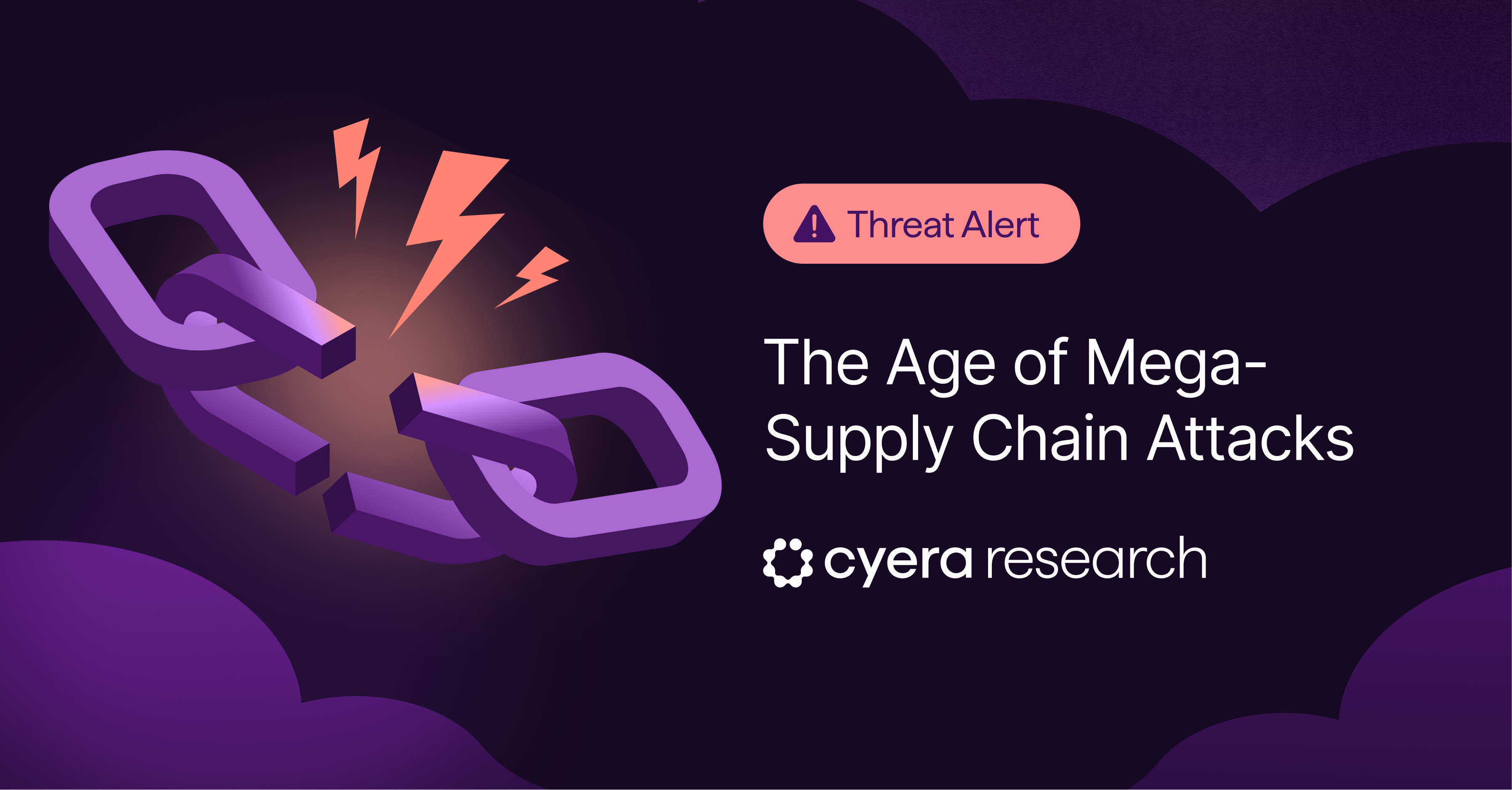 Broken purple chain link with orange lightning bolts indicating a threat, with text: 'Threat Alert, The Age of Mega-Supply Chain Attacks, cyera research'.
