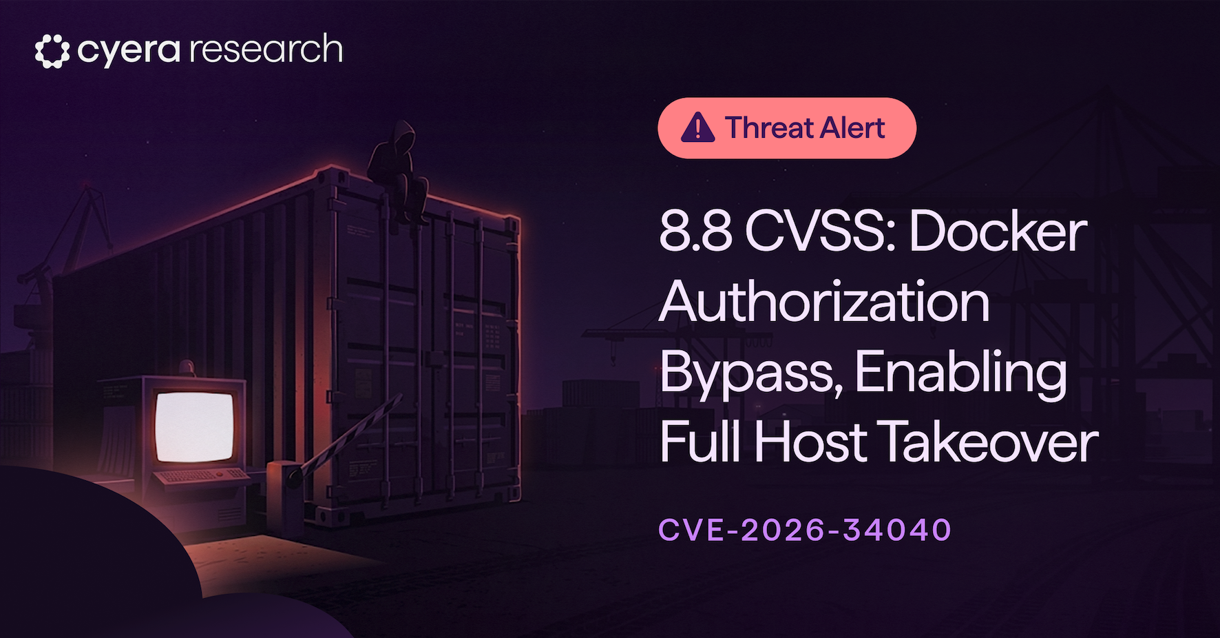 Cyera research threat alert for 8.8 CVSS Docker authorization bypass vulnerability enabling full host takeover, CVE-2026-34040, with dark container port background.