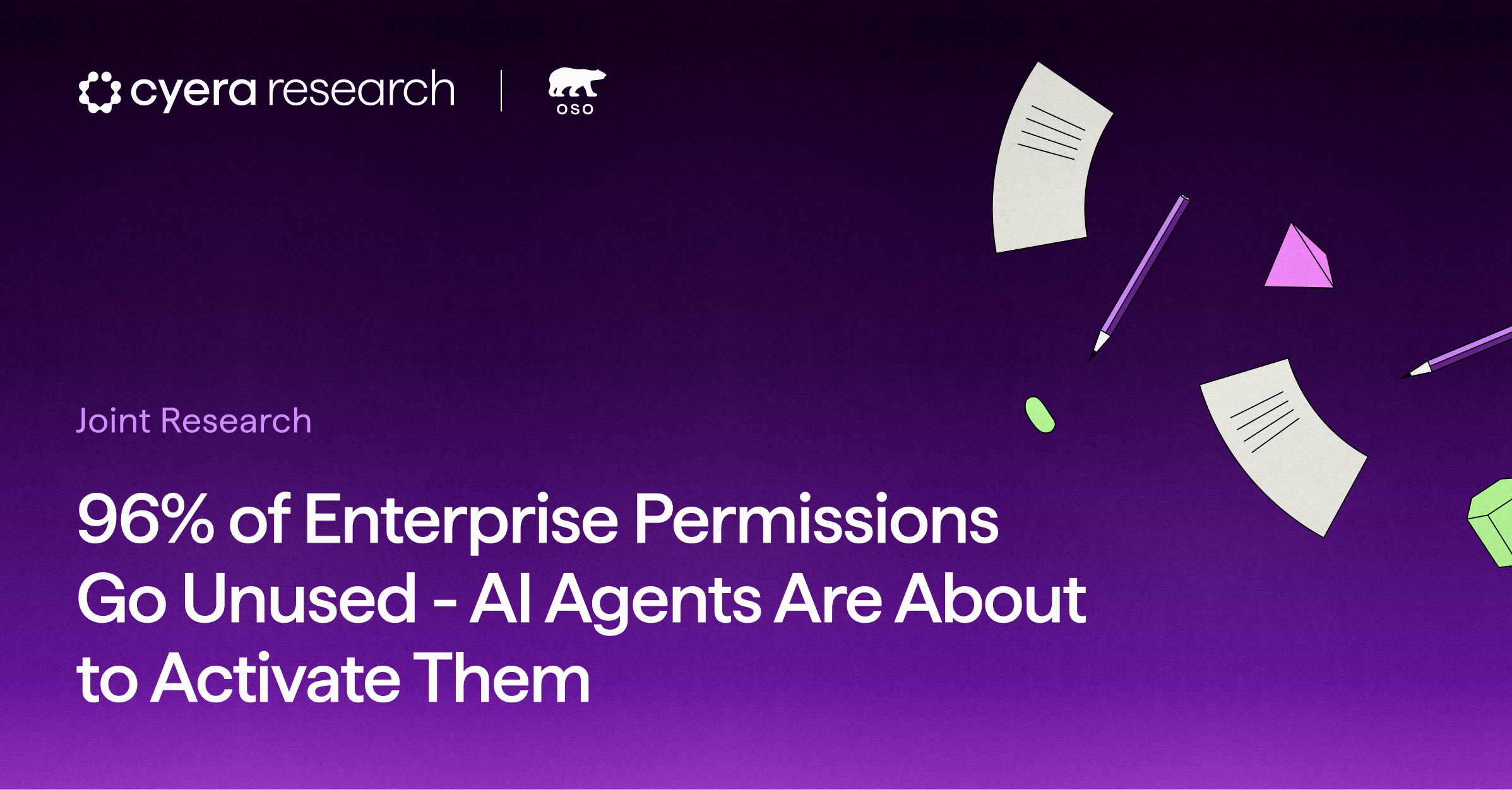 Purple gradient background with Cyera Research and Oso logos, headline states 96% of enterprise permissions go unused and AI agents are about to activate them.