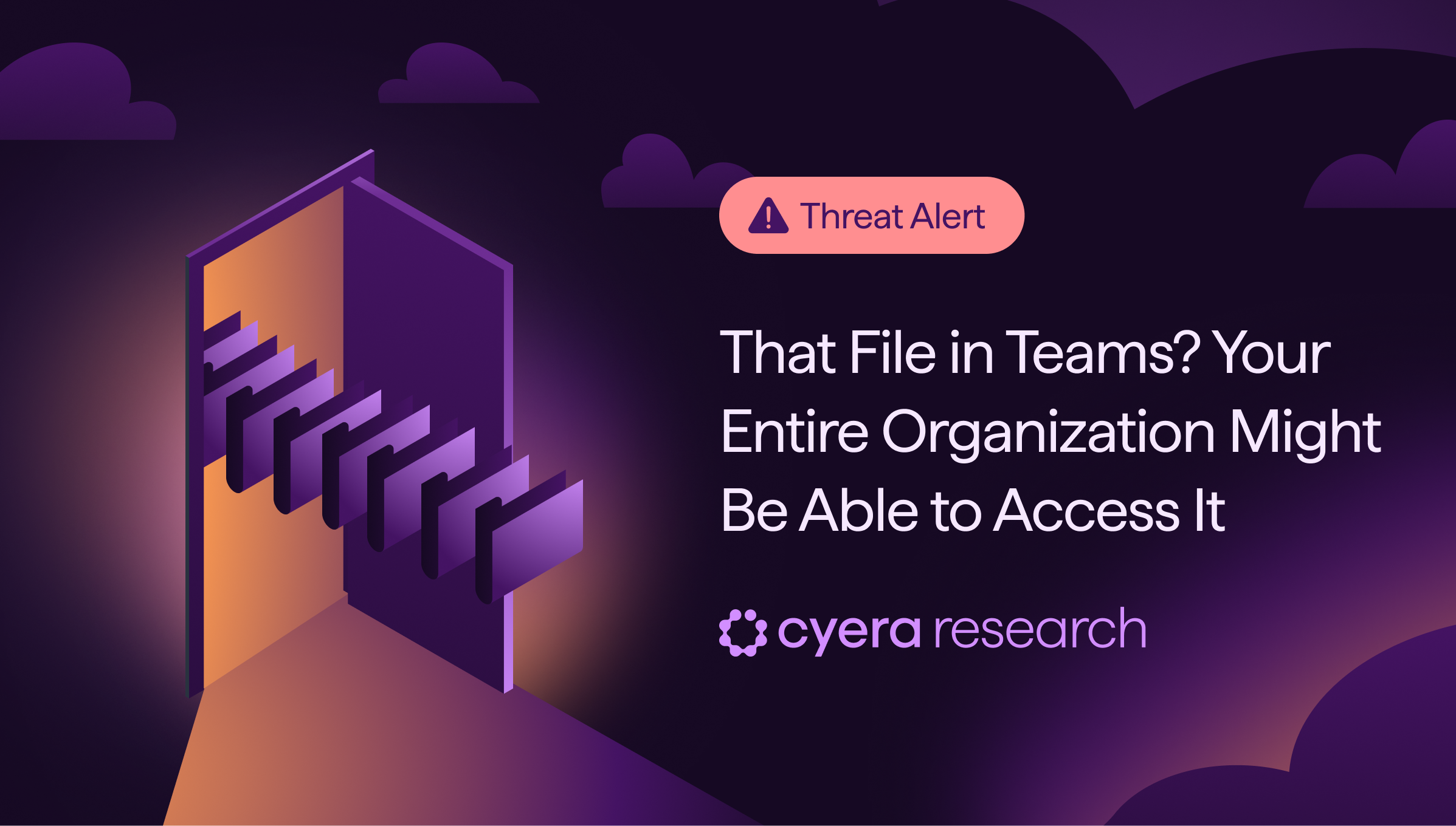 Open door with multiple file folders extending outward and text warning that a file in Teams might be accessible to the entire organization, with Cyera Research logo.