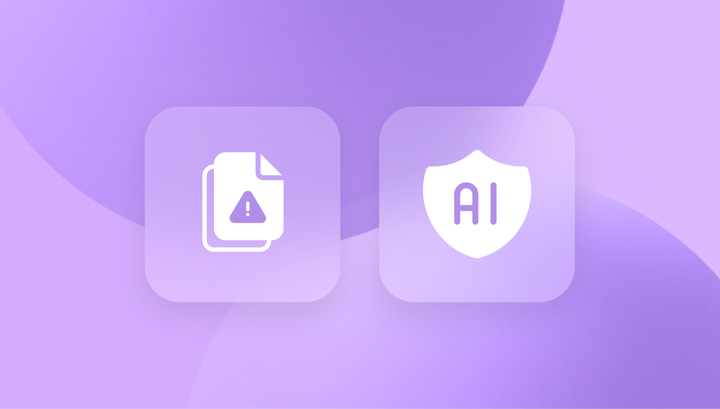 Two purple square icons on a purple gradient background; left icon shows a document with an exclamation warning symbol, right icon shows a shield with 'AI' inside.