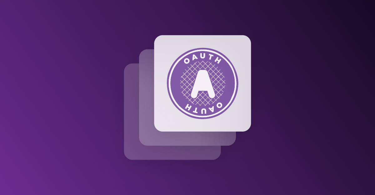 Purple OAuth token icon with a white 'A' on a square card layered over two other translucent square cards on a dark purple background.