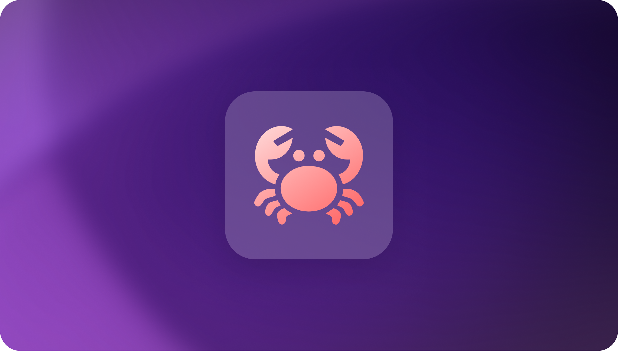 Pink crab icon on a rounded purple square background with a dark purple gradient backdrop.