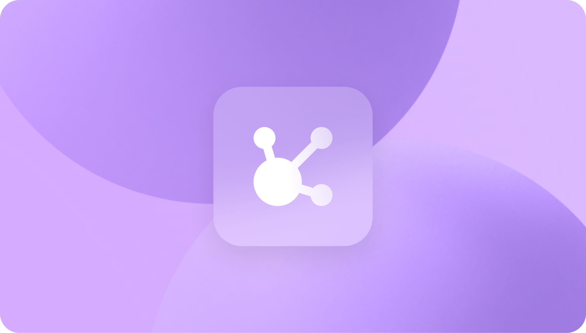 White network or molecule icon with one central circle connected to three smaller circles, set on a rounded purple square with a background of overlapping large purple circles in various shades.