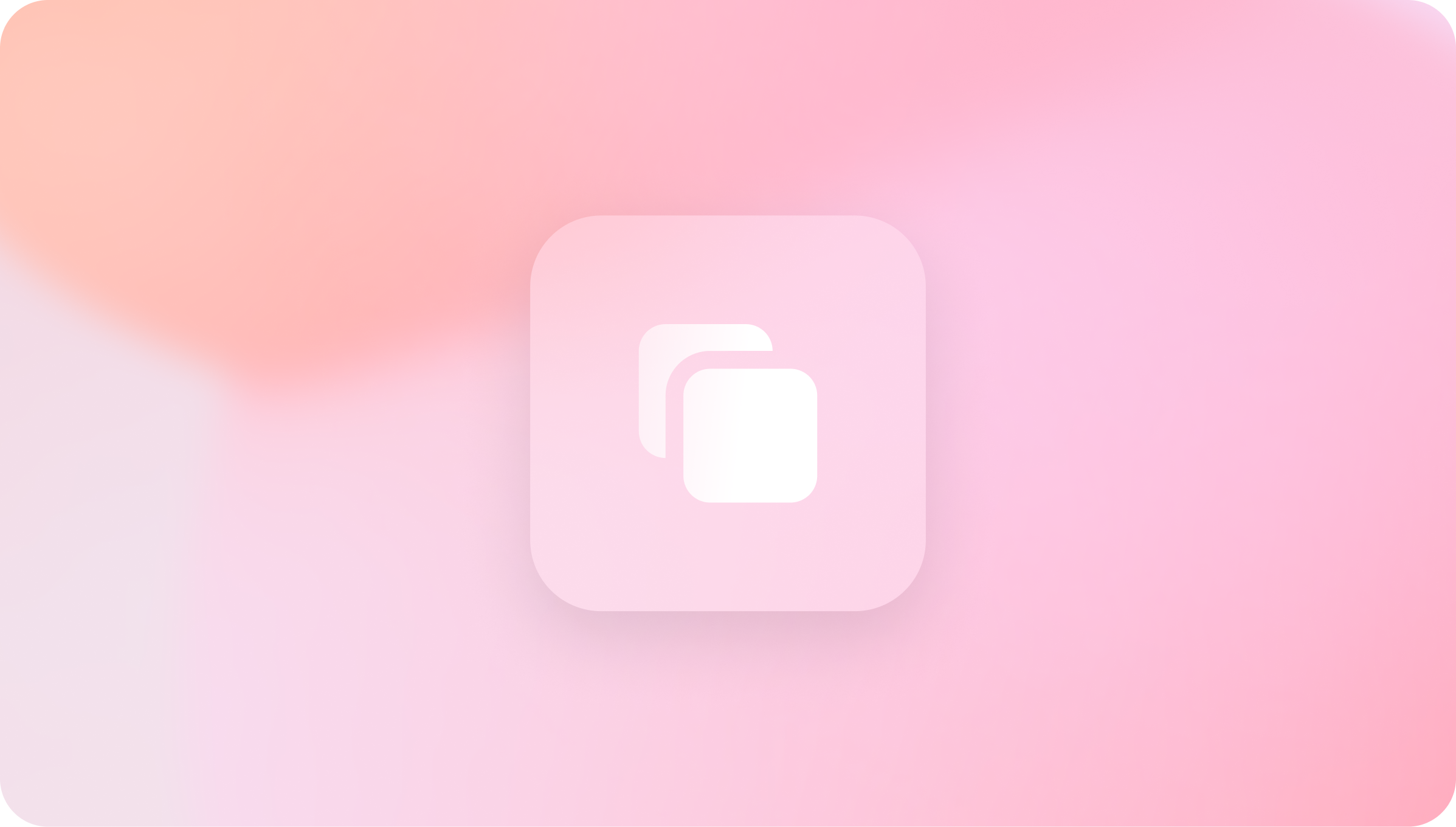 White overlapping square icons centered on a soft gradient pink and peach background with rounded corners.