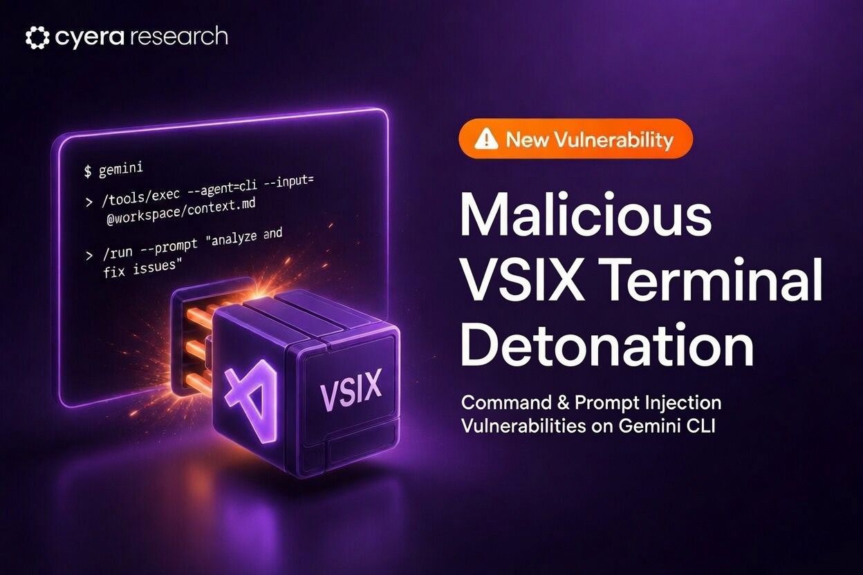 Digital graphic warning of new vulnerability: Malicious VSIX Terminal Detonation with Gemini CLI commands in a purple theme.