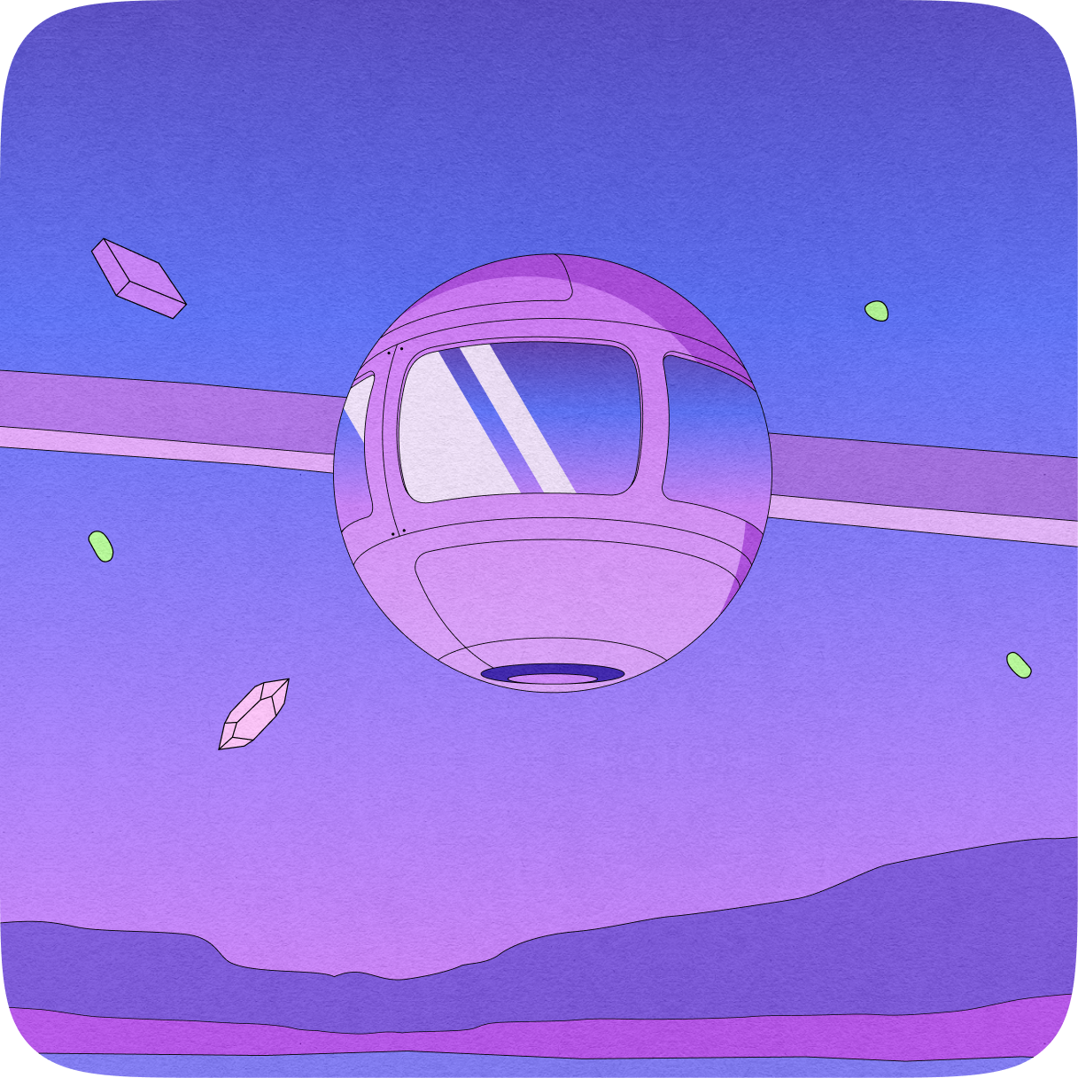 Illustration of a futuristic purple spherical spacecraft with windows and a horizontal extension floating above a purple and blue landscape with scattered geometric shapes in the sky.