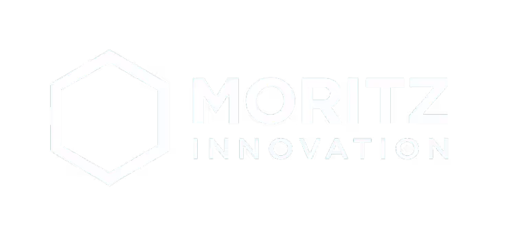 White hexagon outline next to the text 'MORITZ INNOVATION' on a black background.