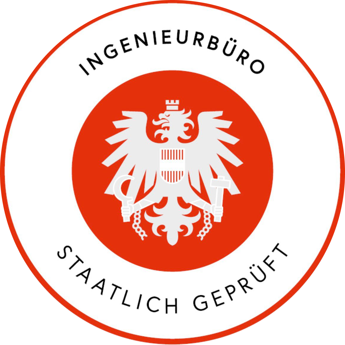 Red and white circular seal with a heraldic eagle holding a hammer and sickle, surrounded by the German text 'Ingenieurbüro Staatlich Geprüft'.