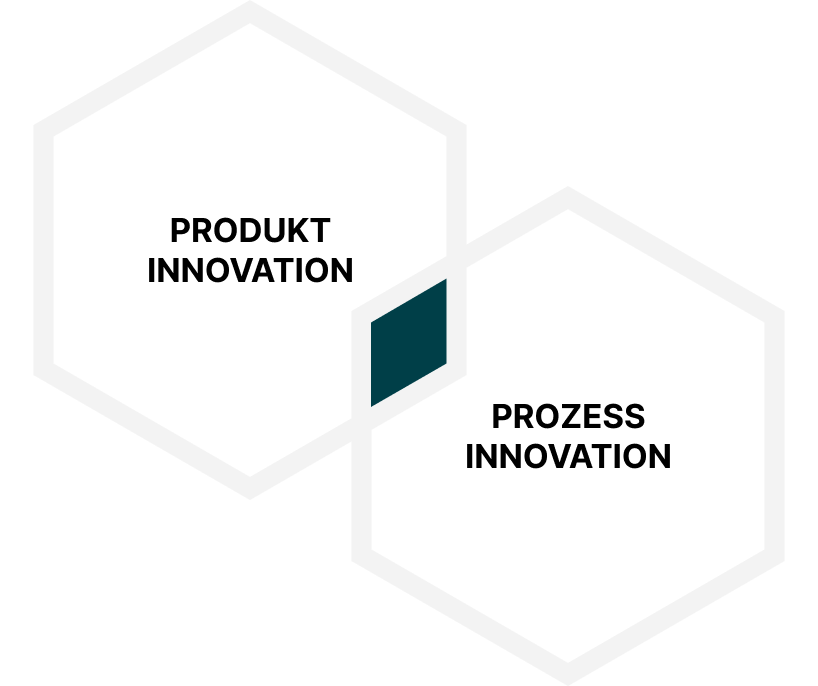 Two overlapping white hexagons with a small dark teal quadrilateral at the intersection on a transparent background.