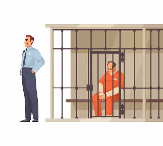 Prison guard standing outside a cell while a seated prisoner in an orange jumpsuit looks down inside the cell.