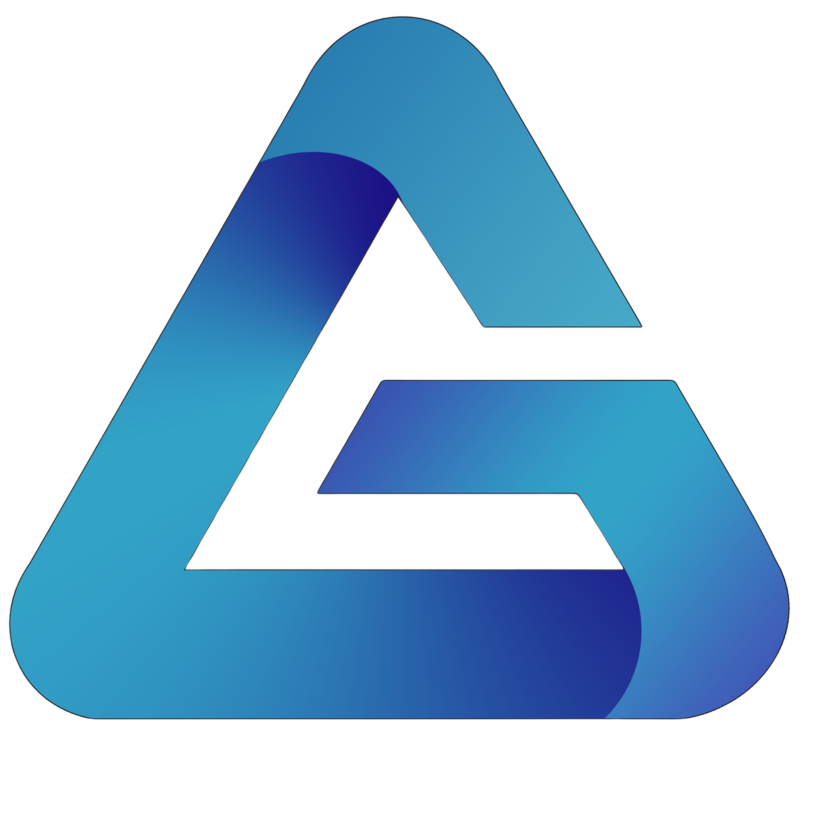 Abstract blue gradient logo resembling a stylized letter A with rounded corners and a triangular design.