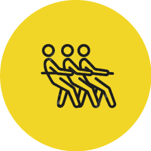Icon of three people engaged in a tug-of-war pulling a rope, set on a yellow circular background.