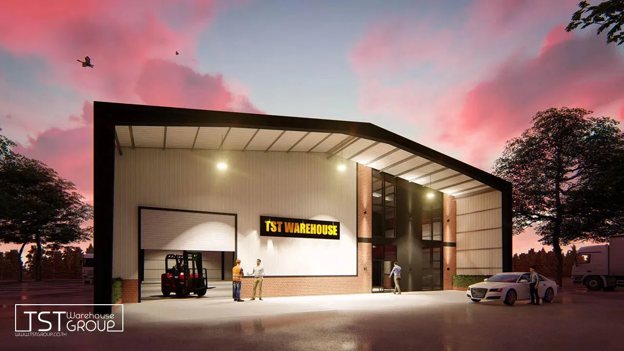 Model : TST-03/ ตัวอย่างงานออกแบบอาคารเหล็กสำเร็จรูป โกดังสำเร็จรูป ระบบ PEB | TST GROUP