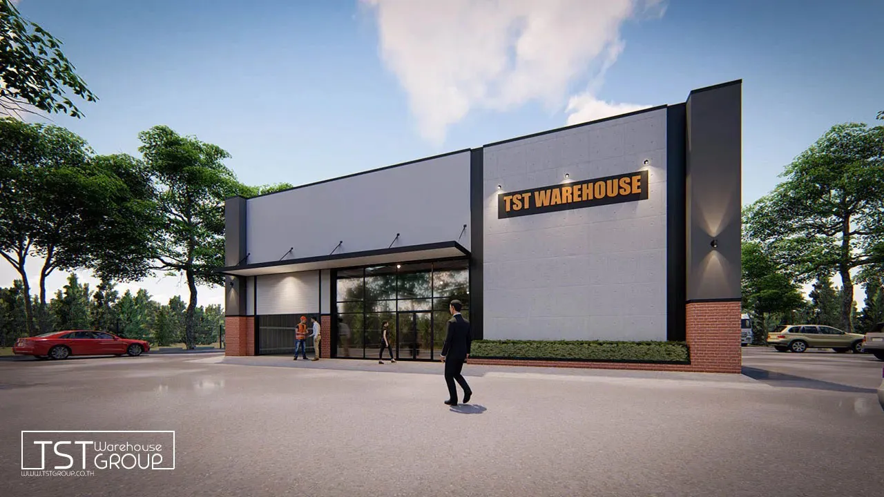 Model : TST-03, ตัวอย่างงานออกแบบอาคารเหล็กสำเร็จรูป โกดังสำเร็จรูป ระบบ PEB | TST GROUP