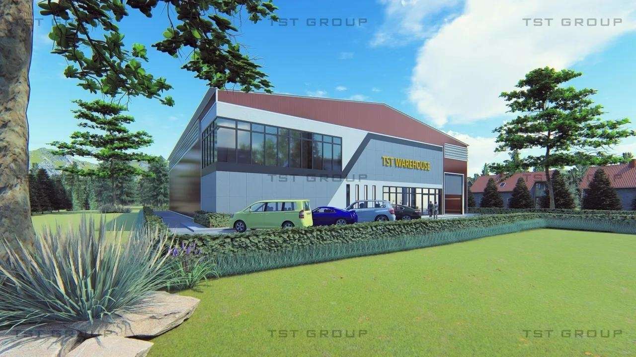 Model : TST-06, ตัวอย่างงานออกแบบอาคารเหล็กสำเร็จรูป โกดังสำเร็จรูป ระบบ PEB | TST GROUP