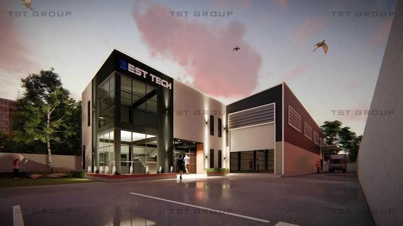 ตัวอย่างงานออกแบบอาคารเหล็กสำเร็จรูป โกดังสำเร็จรูป ระบบ PEB | TST GROUP