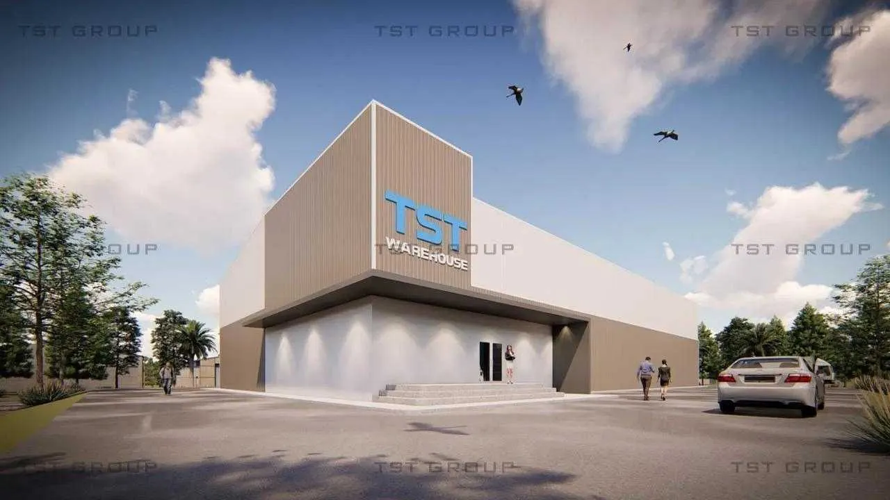 Model : TST-13, ตัวอย่างงานออกแบบอาคารเหล็กสำเร็จรูป โกดังสำเร็จรูป ระบบ PEB | TST GROUP