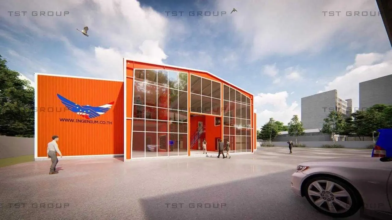 Model : TST-14, ตัวอย่างงานออกแบบอาคารเหล็กสำเร็จรูป โกดังสำเร็จรูป ระบบ PEB | TST GROUP
