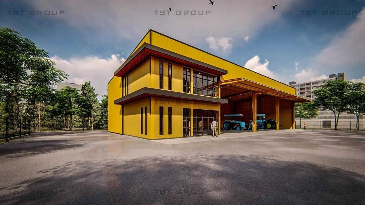 ตัวอย่างงานออกแบบอาคารเหล็กสำเร็จรูป โกดังสำเร็จรูป ระบบ PEB | TST GROUP