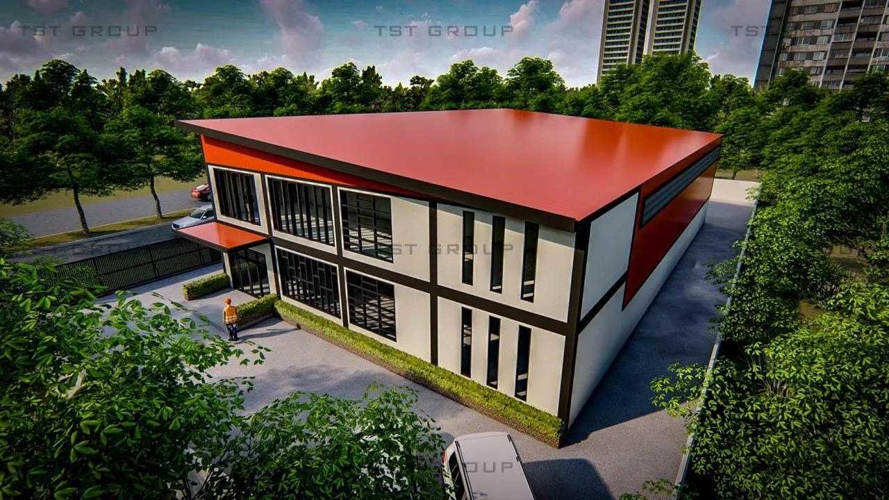 ตัวอย่างงานออกแบบอาคารเหล็กสำเร็จรูป โกดังสำเร็จรูป ระบบ PEB | TST GROUP